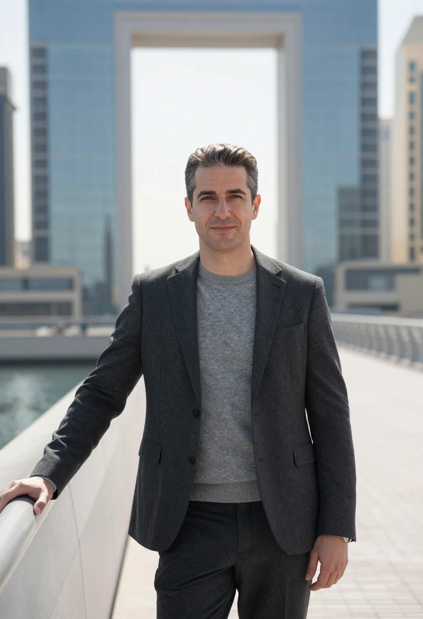 AI difc fund manager gate glass grey sample — portrait of a man, a fund manager in his late forties of Fre