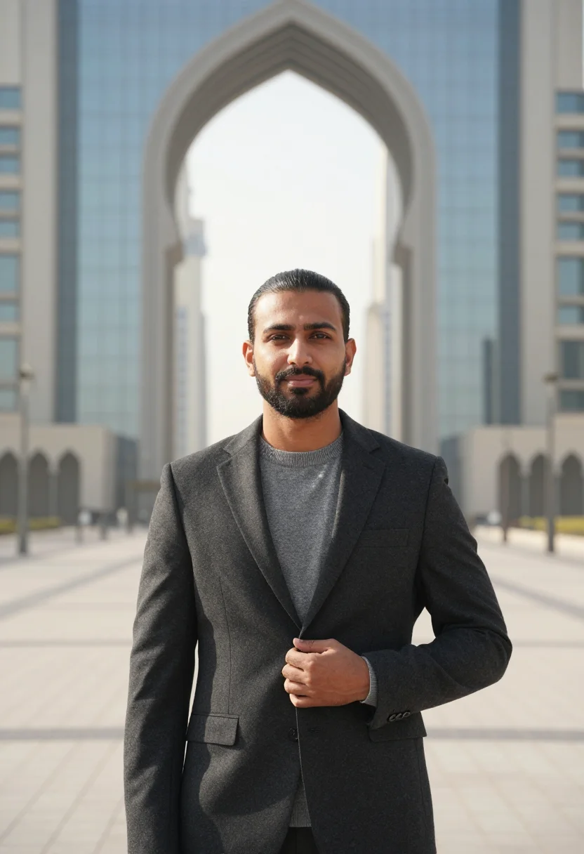 AI difc fund manager gate glass grey sample — portrait of a man, a fund manager in his mid-thirties of Pak