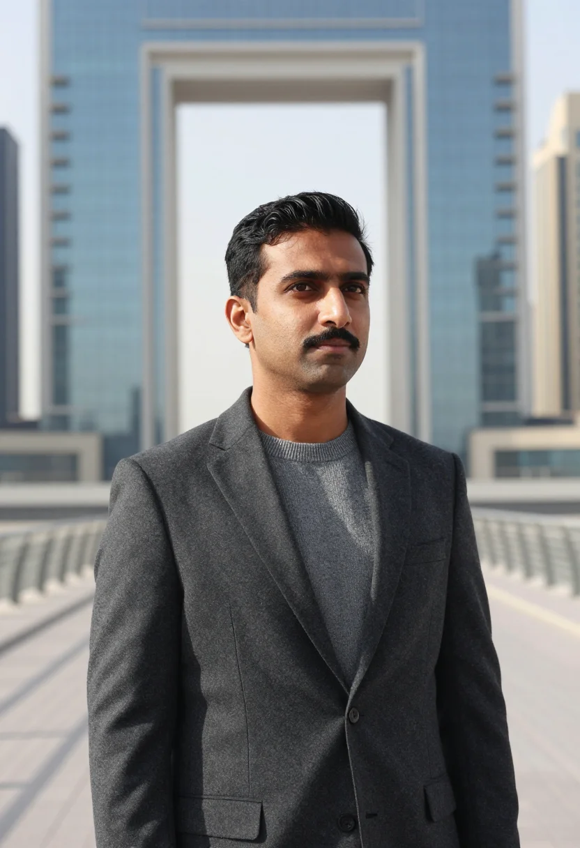AI difc fund manager gate glass grey sample — portrait of a man, a fund manager in his forties of Indian d