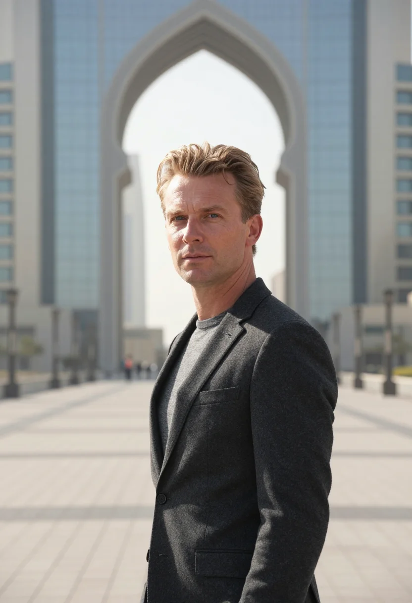 AI difc fund manager gate glass grey sample — portrait of a man, a fund manager in his fifties of Dutch de