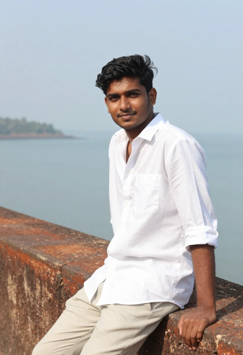 AI dil chahta hai goa chapora fort white sample — portrait of a man, a Goan man in his early thirties of slend