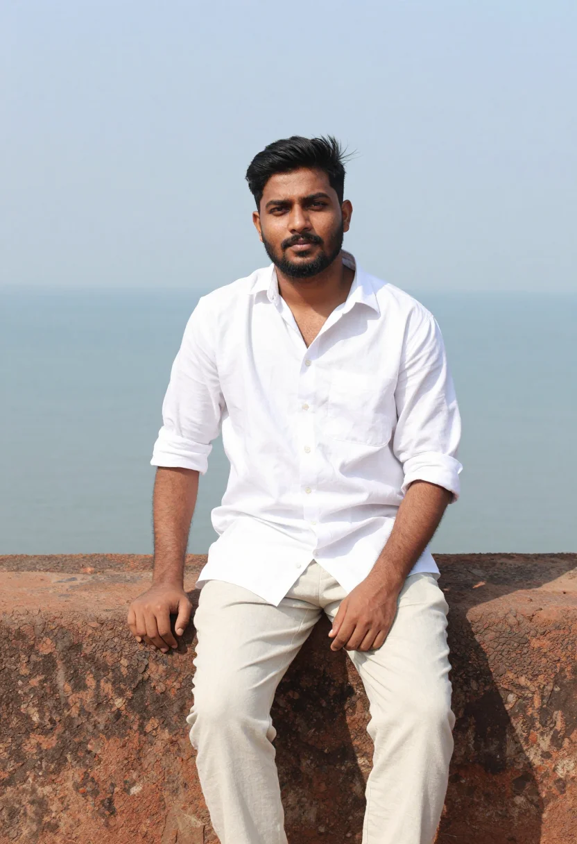 AI dil chahta hai goa chapora fort white sample — portrait of a man, a Punjabi man in his late twenties of bro