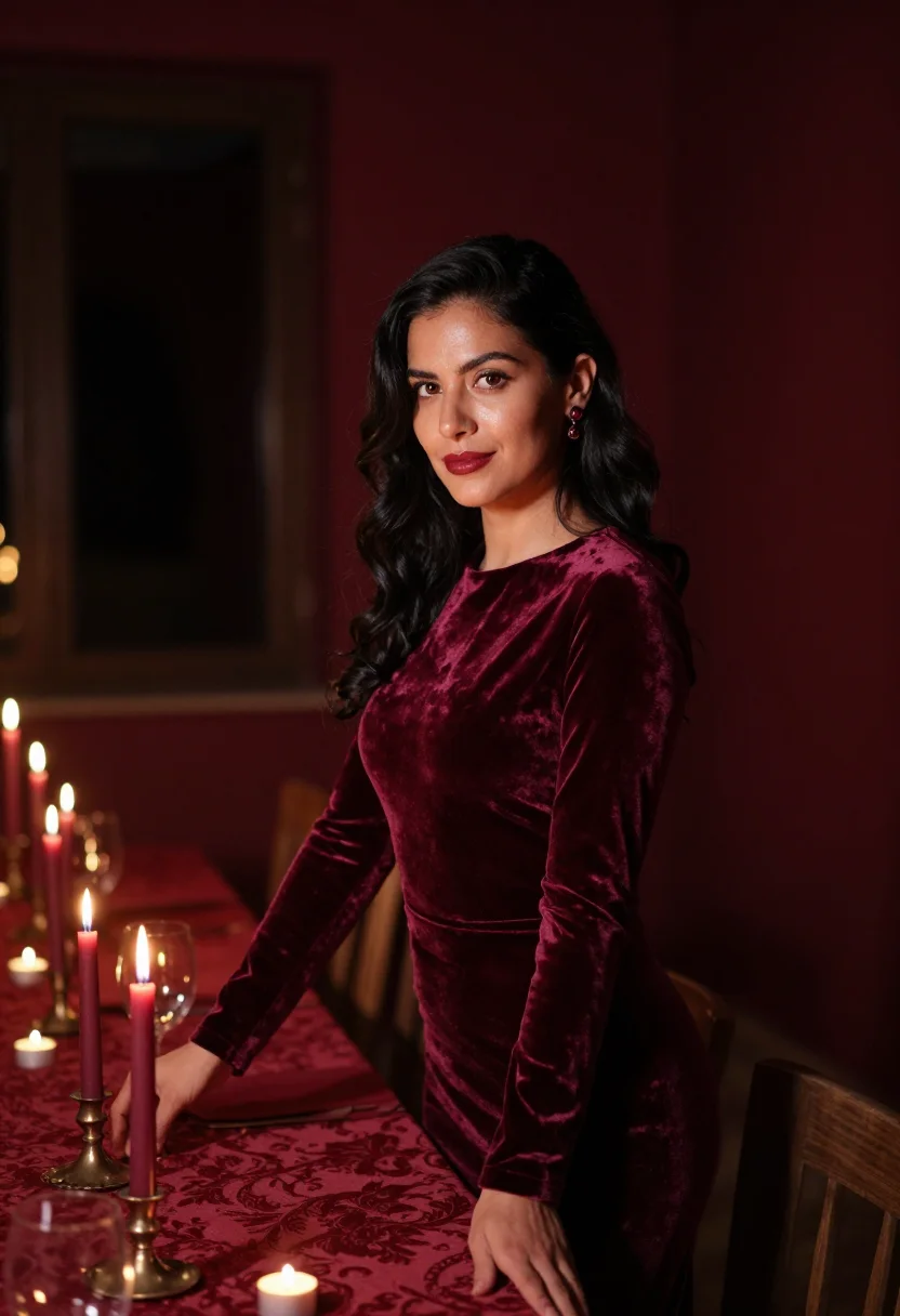 AI dining room candle burgundy sample — portrait of a woman, framed chest-up, the body close to the