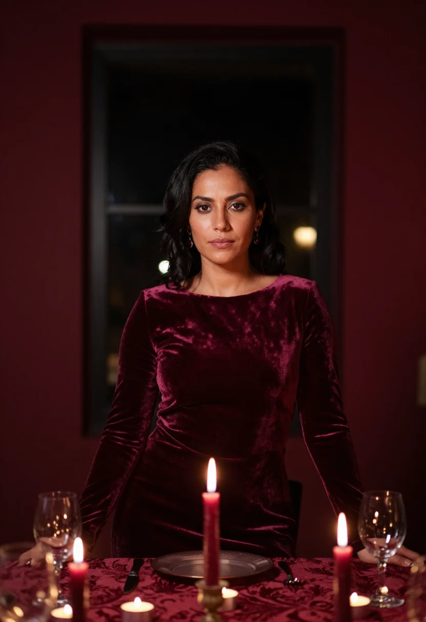 AI dining room candle burgundy sample — portrait of a woman, framed tight, head and shoulders, the b