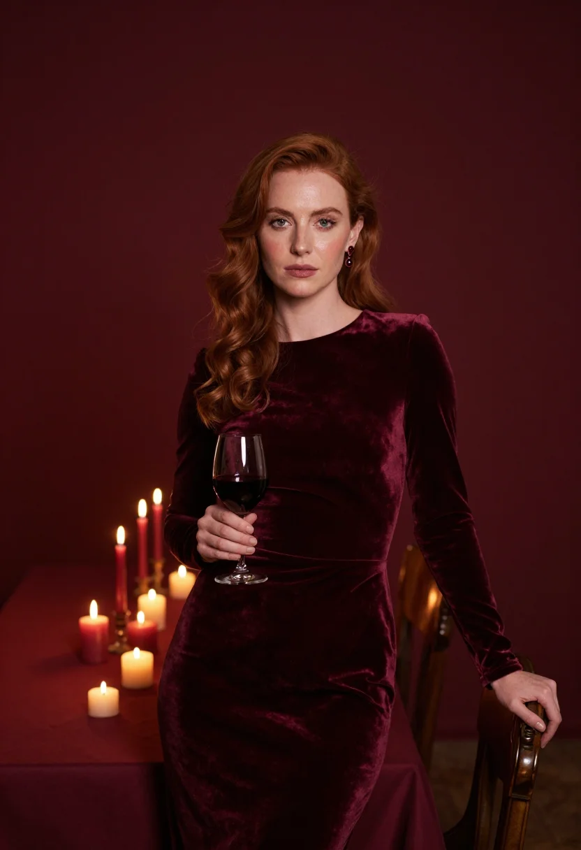 AI dining room candle burgundy sample — portrait of a woman, framed three-quarter length from the cr