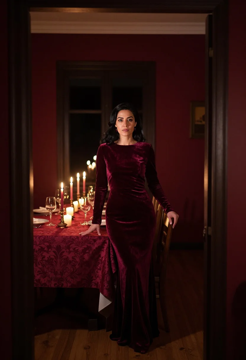 AI dining room candle burgundy sample — portrait of a woman, framed wide, the whole dining room seen