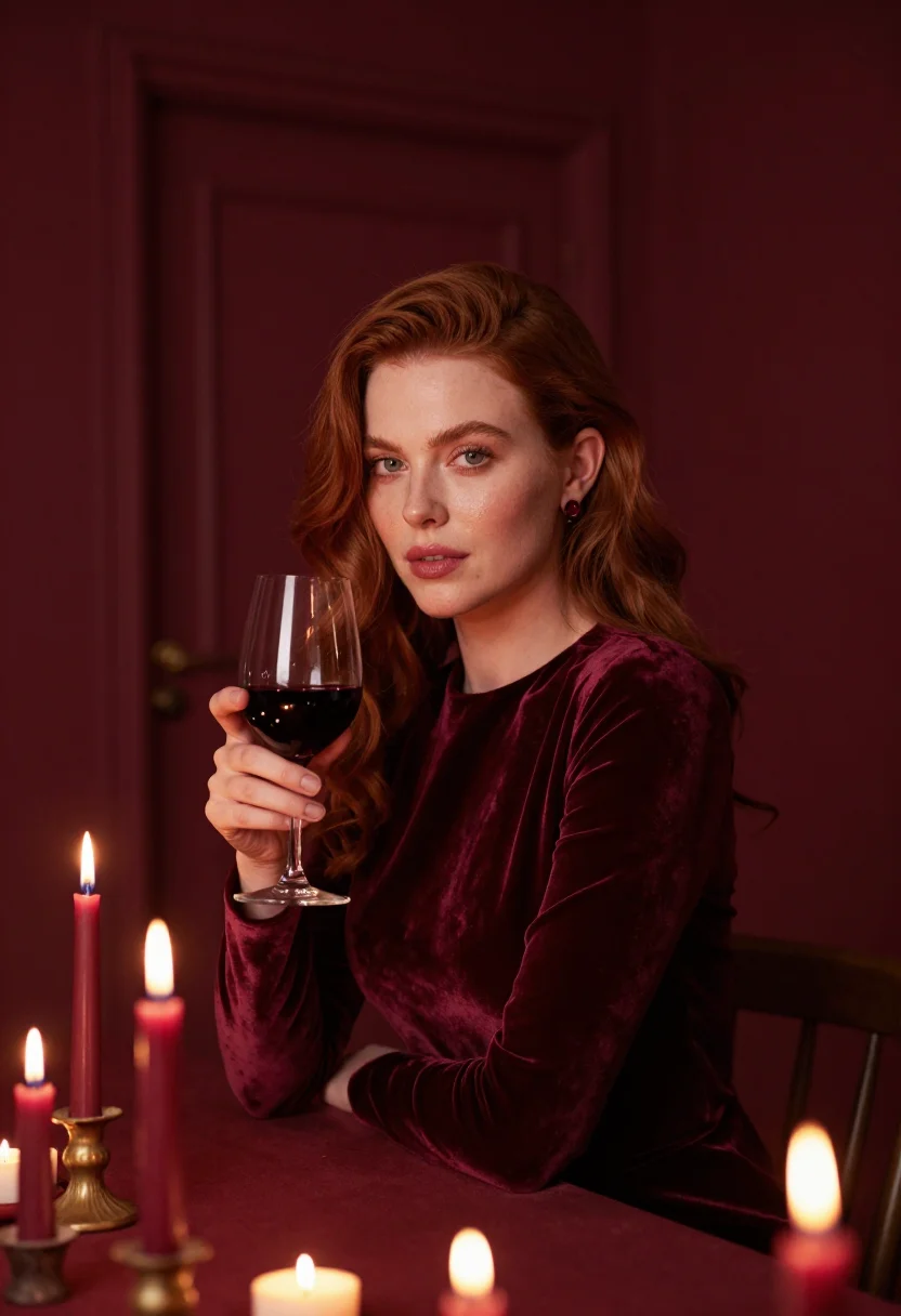 AI dining room candle burgundy sample — portrait of a woman, framed chest-up, the body close to the