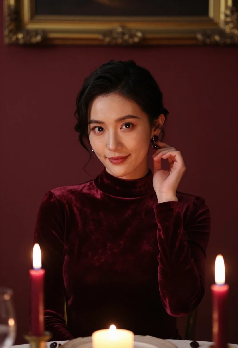 AI dining room candle burgundy sample — portrait of a woman, framed chest-up, the body close to the