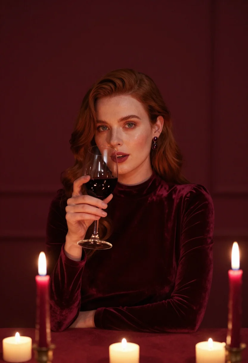 AI dining room candle burgundy sample — portrait of a woman, framed tight, head and shoulders, the b