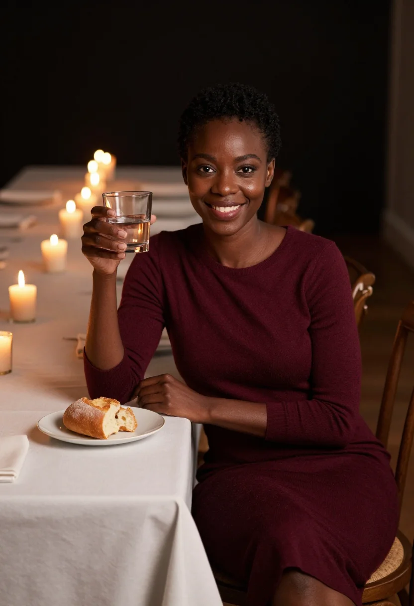 AI dinner table sample — portrait of a woman, half-length three-quarter portrait from