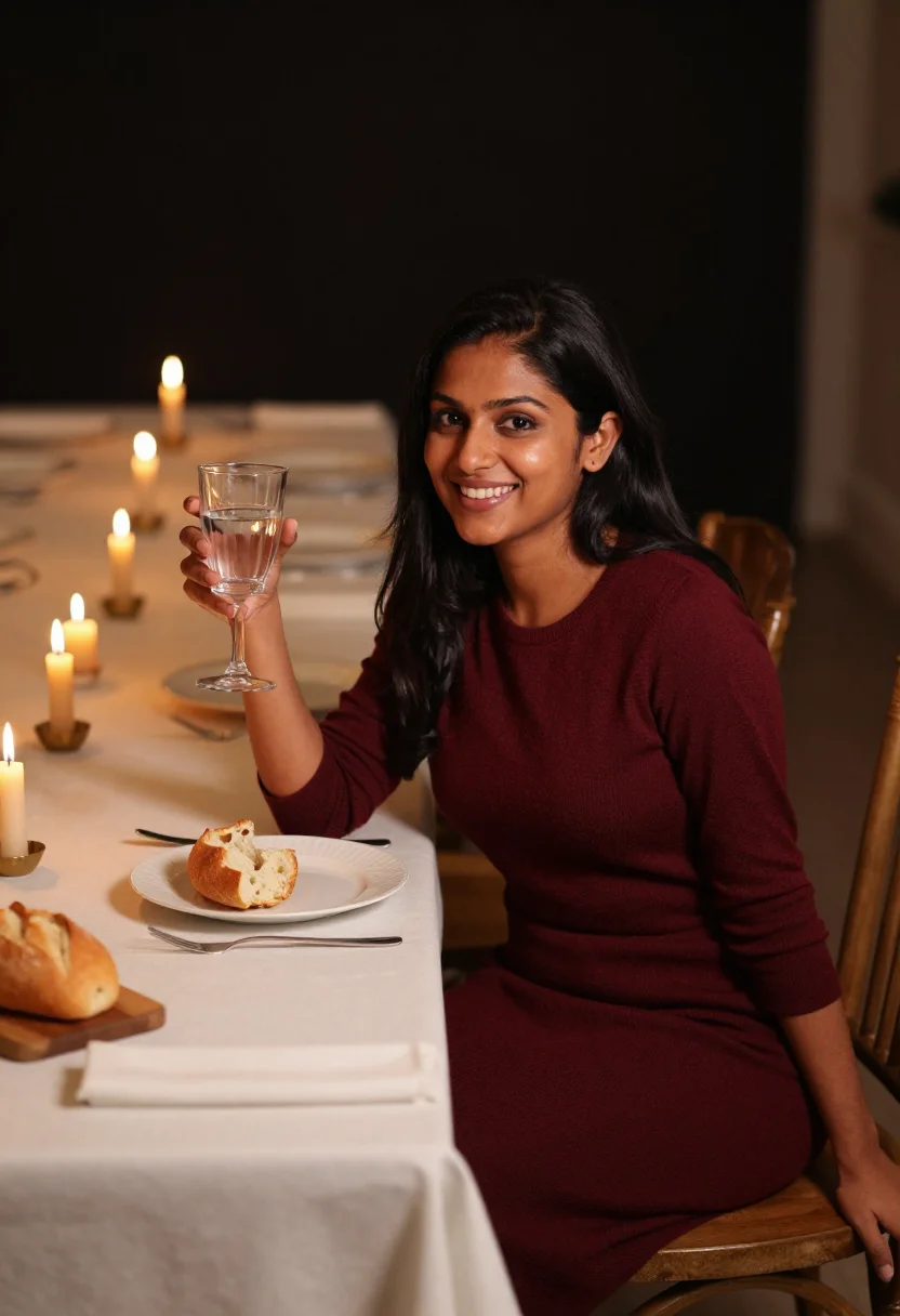 AI dinner table sample — portrait of a woman, wide three-quarter-length portrait from