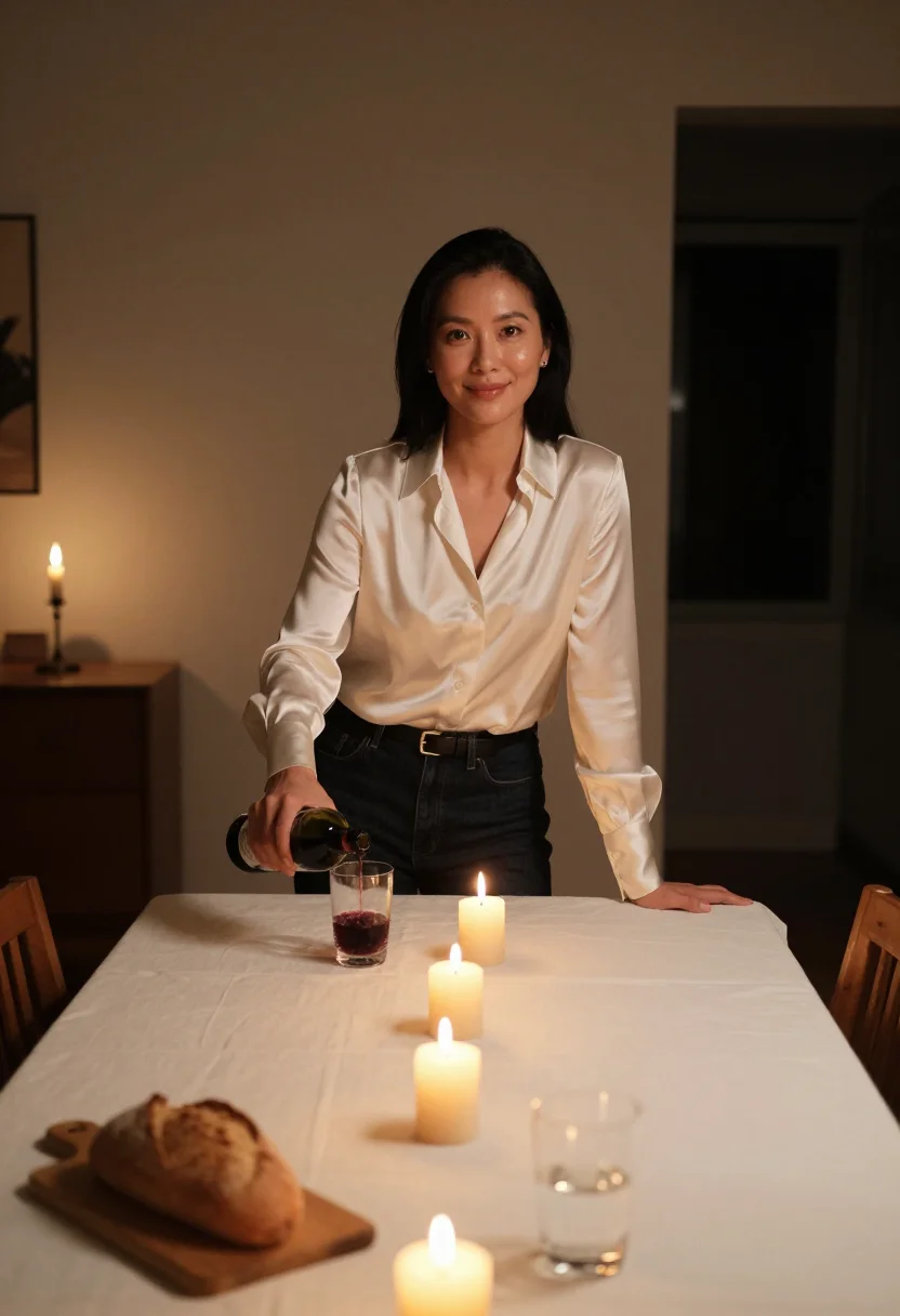AI dinner table sample — portrait of a woman, wide three-quarter-length portrait from