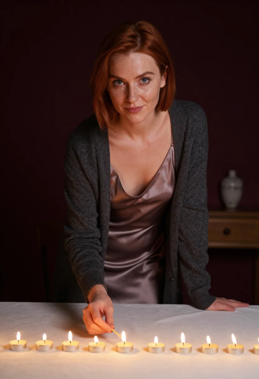 AI dinner table sample — portrait of a woman, tight chest-up portrait from camera-lef