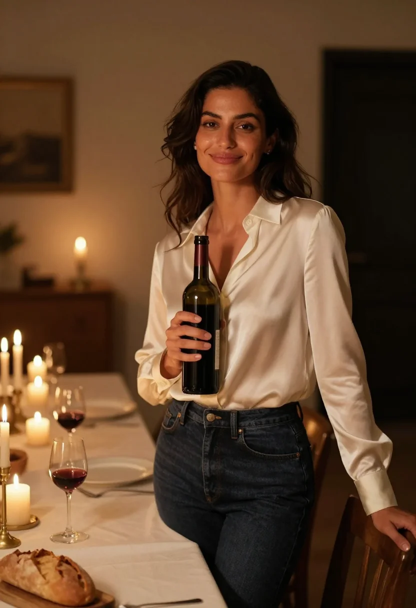 AI dinner table sample — portrait of a woman, tight chest-up portrait from camera-rig