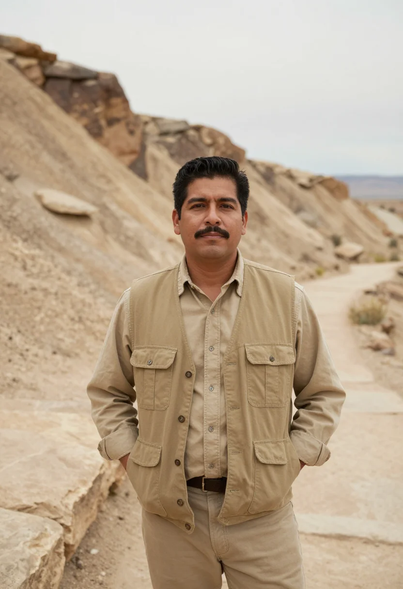AI dinosaur quarry paleontologist bone sample — portrait of a man, half-length portrait of a Latino man in h