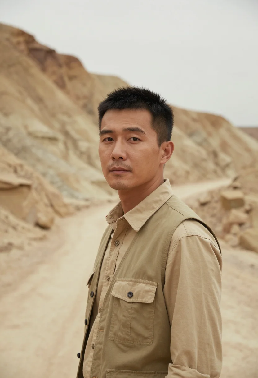 AI dinosaur quarry paleontologist bone sample — portrait of a man, head-and-shoulders portrait of an East-As