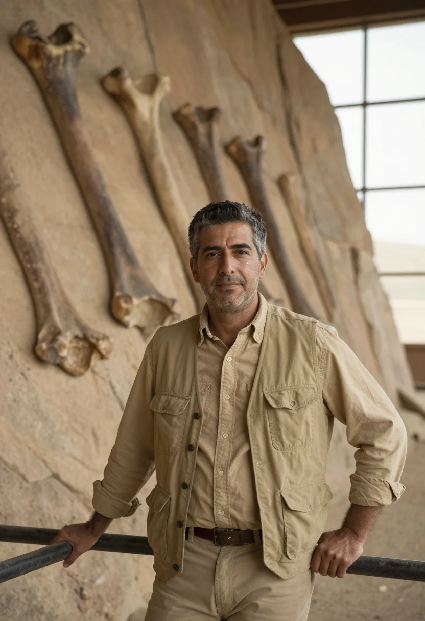 AI dinosaur quarry paleontologist bone sample — portrait of a man, half-length portrait of a Mediterranean m