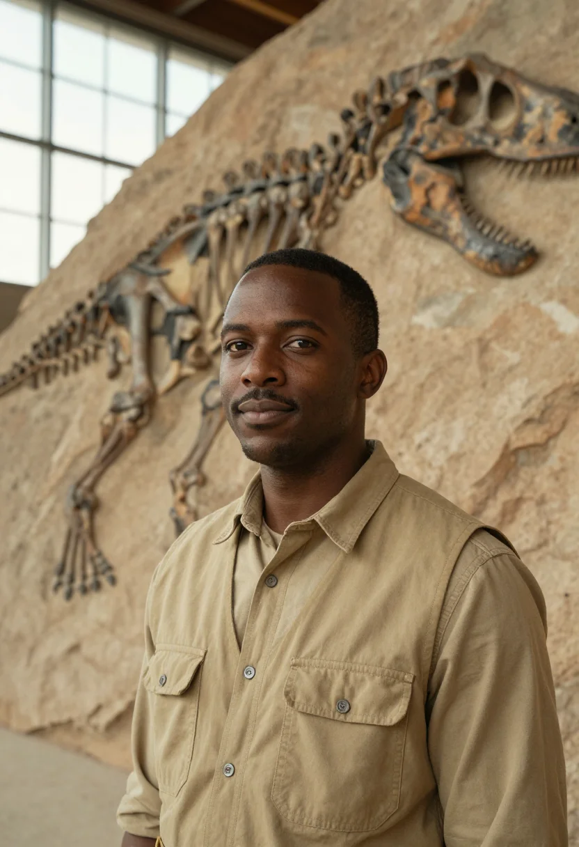 AI dinosaur quarry paleontologist bone sample — portrait of a man, chest-up portrait of a Black man in his t
