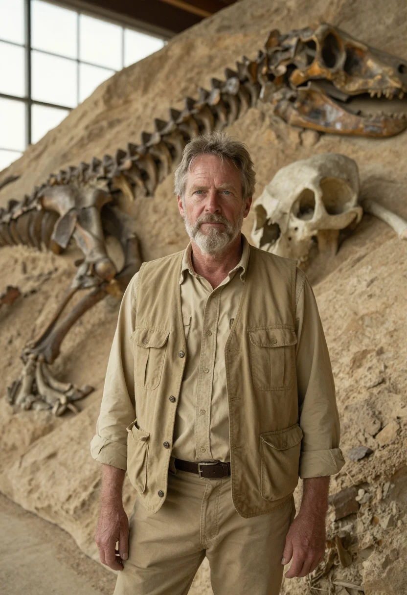 AI dinosaur quarry paleontologist bone sample — portrait of a man, half-length portrait of a Western-Europea