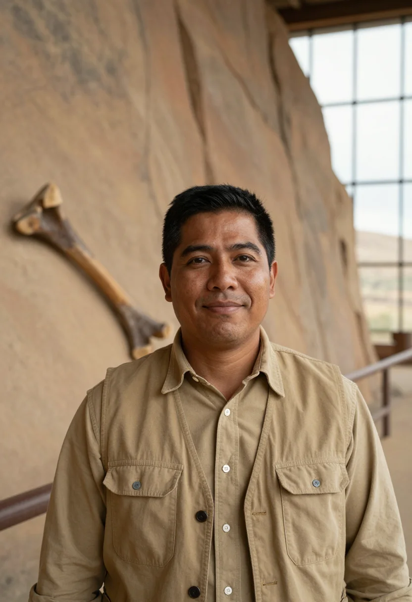 AI dinosaur quarry paleontologist bone sample — portrait of a man, head-and-shoulders portrait of a Diné man