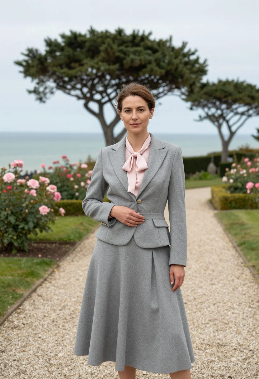 AI dior granville les rhumbs cliff garden rose grey sample — portrait of a woman, a French woman in her mid-forties with