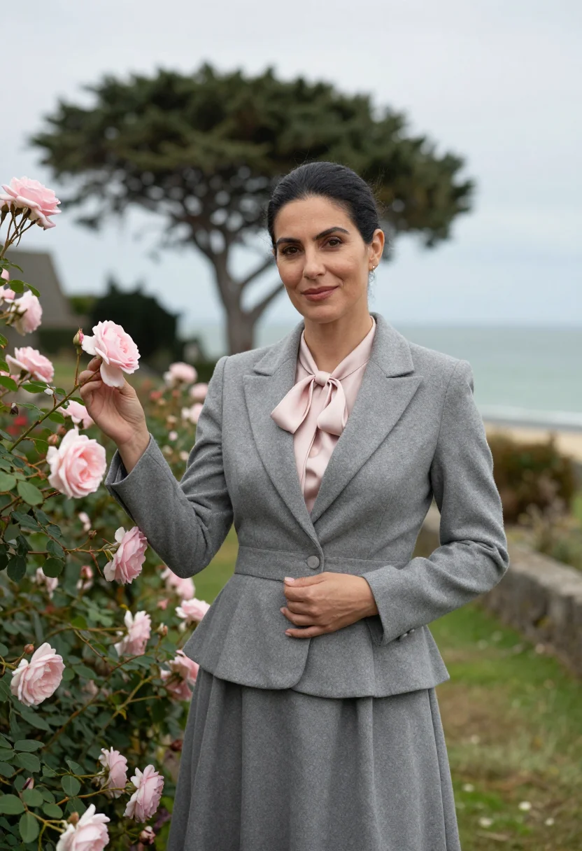 AI dior granville les rhumbs cliff garden rose grey sample — portrait of a woman, a Spanish woman in her late thirties wi