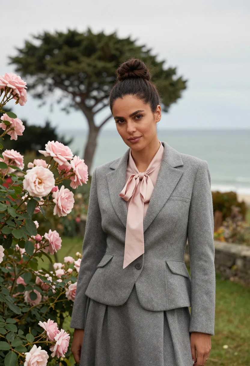 AI dior granville les rhumbs cliff garden rose grey sample — portrait of a woman, a Moroccan-French woman in her early th