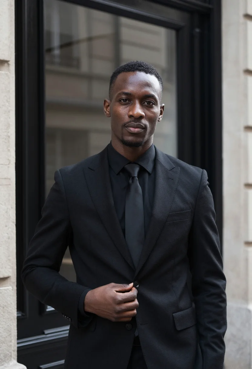AI dior homme rue de marignan slim black sample — portrait of a man, a Senegalese-French man in his early thir