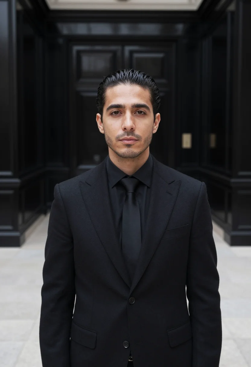AI dior homme rue de marignan slim black sample — portrait of a man, an Italian man in his mid-thirties with o