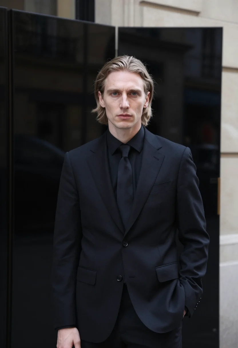 AI dior homme rue de marignan slim black sample — portrait of a man, a British man in his mid-thirties with pa