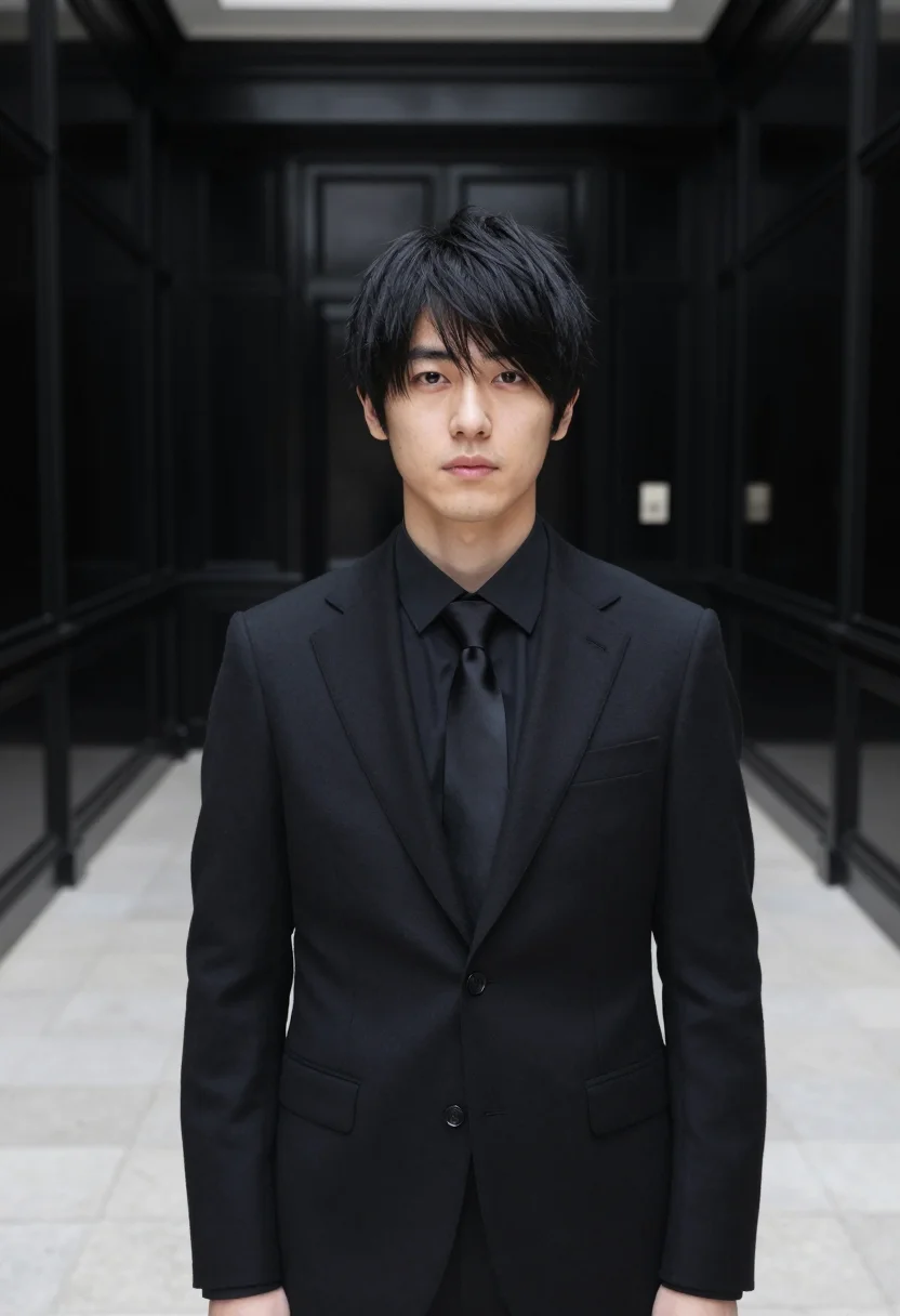 AI dior homme rue de marignan slim black sample — portrait of a man, a Japanese man in his early thirties with