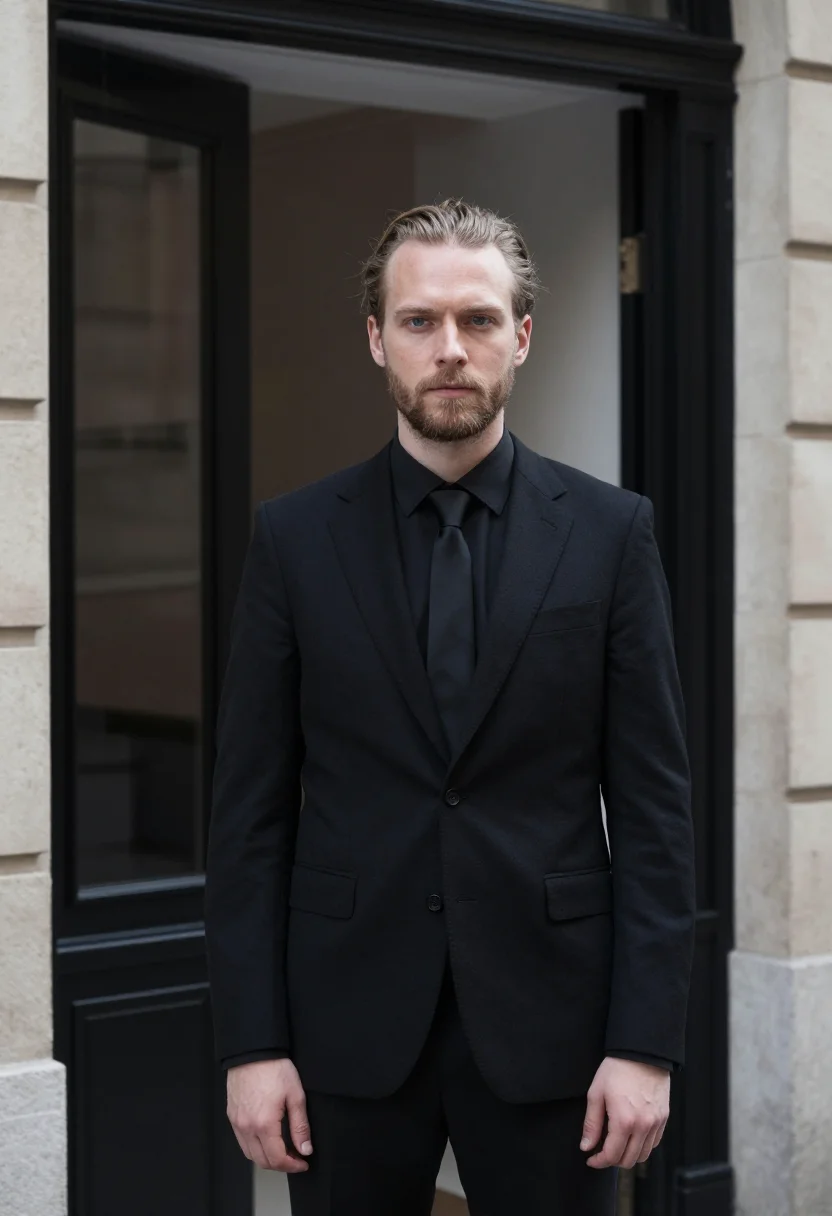 AI dior homme rue de marignan slim black sample — portrait of a man, a Swedish man in his early forties with f