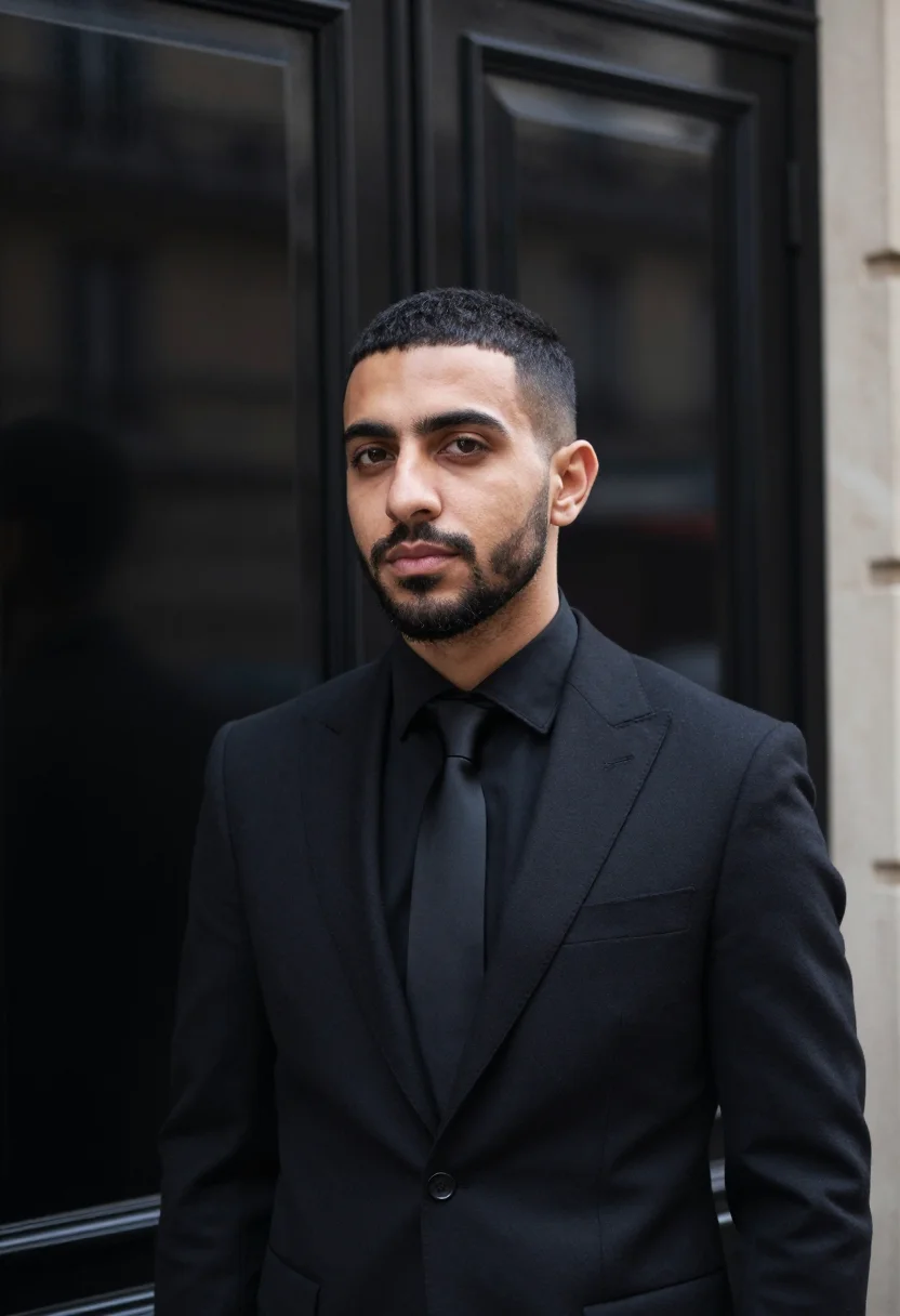 AI dior homme rue de marignan slim black sample — portrait of a man, an Algerian-French man in his early thirt