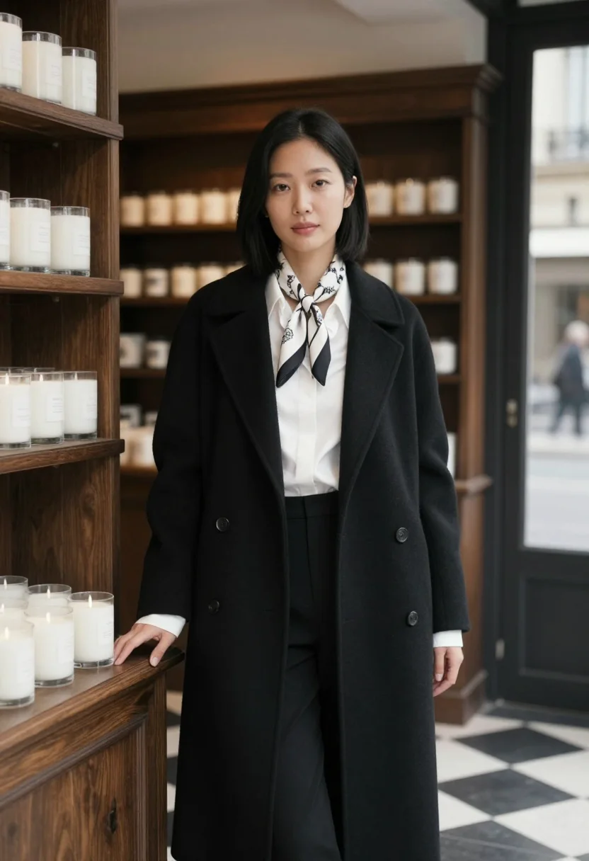 AI diptyque saint germain oval label black white sample — portrait of a woman, a Korean-French woman in her late twent