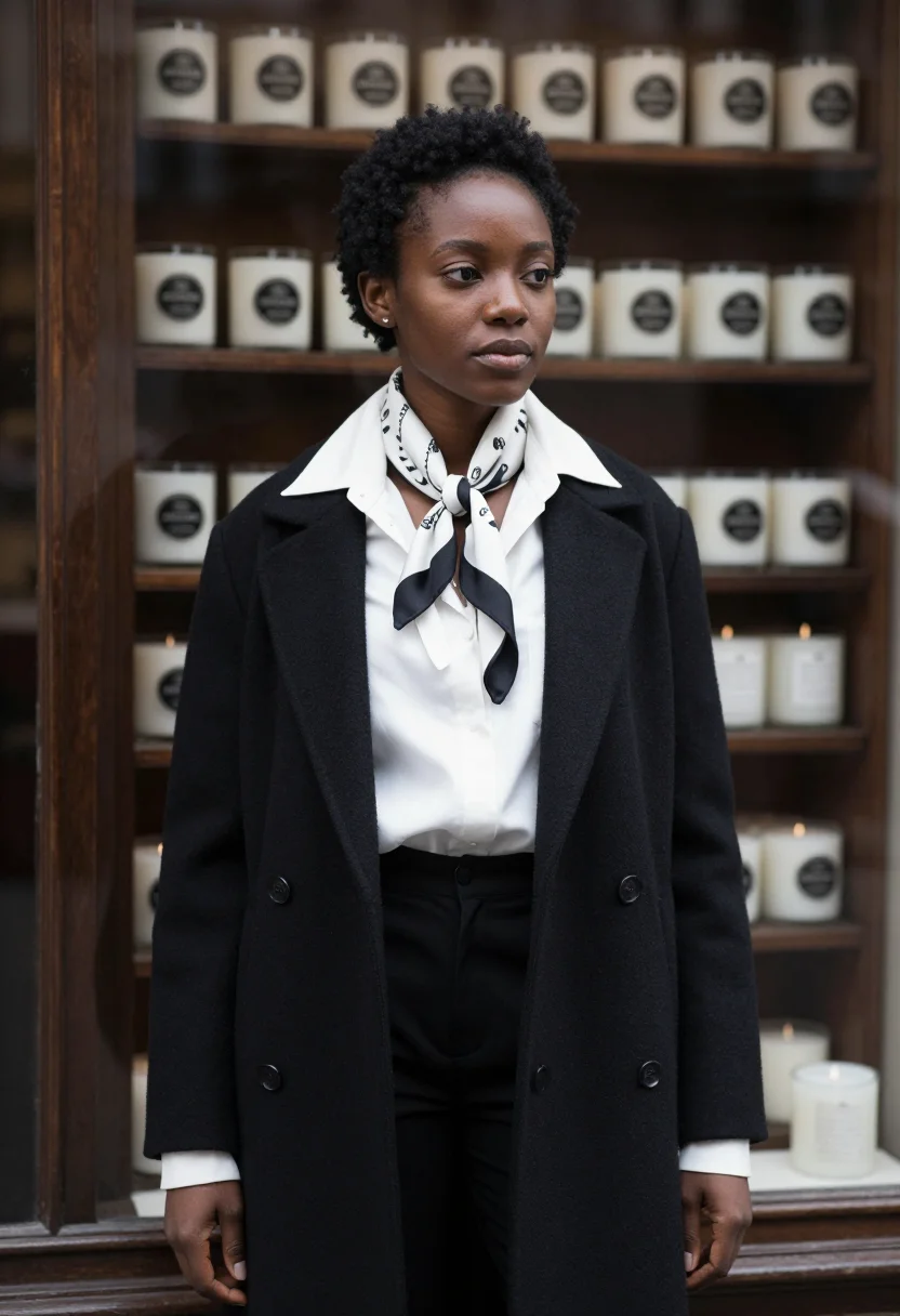 AI diptyque saint germain oval label black white sample — portrait of a woman, a Cameroonian-French woman in her late