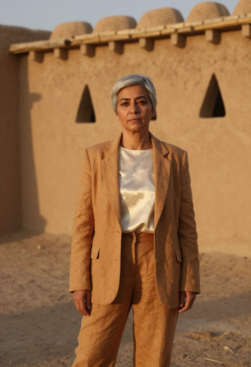 AI diriyah heritage architect mud brick ochre sample — portrait of a woman, half-length portrait of a Levantine wom