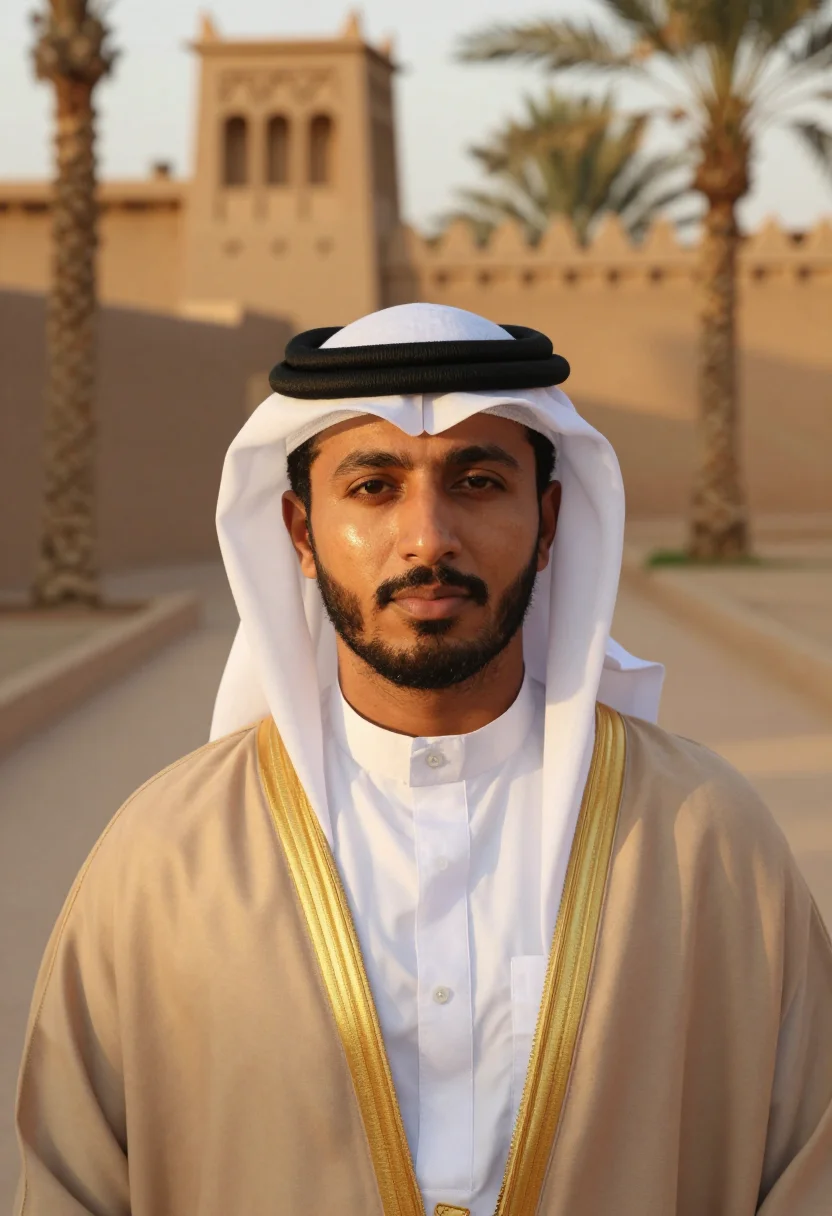AI diriyah mud ochre season sample — portrait of a man, a tight head-and-shoulders view of a Saud