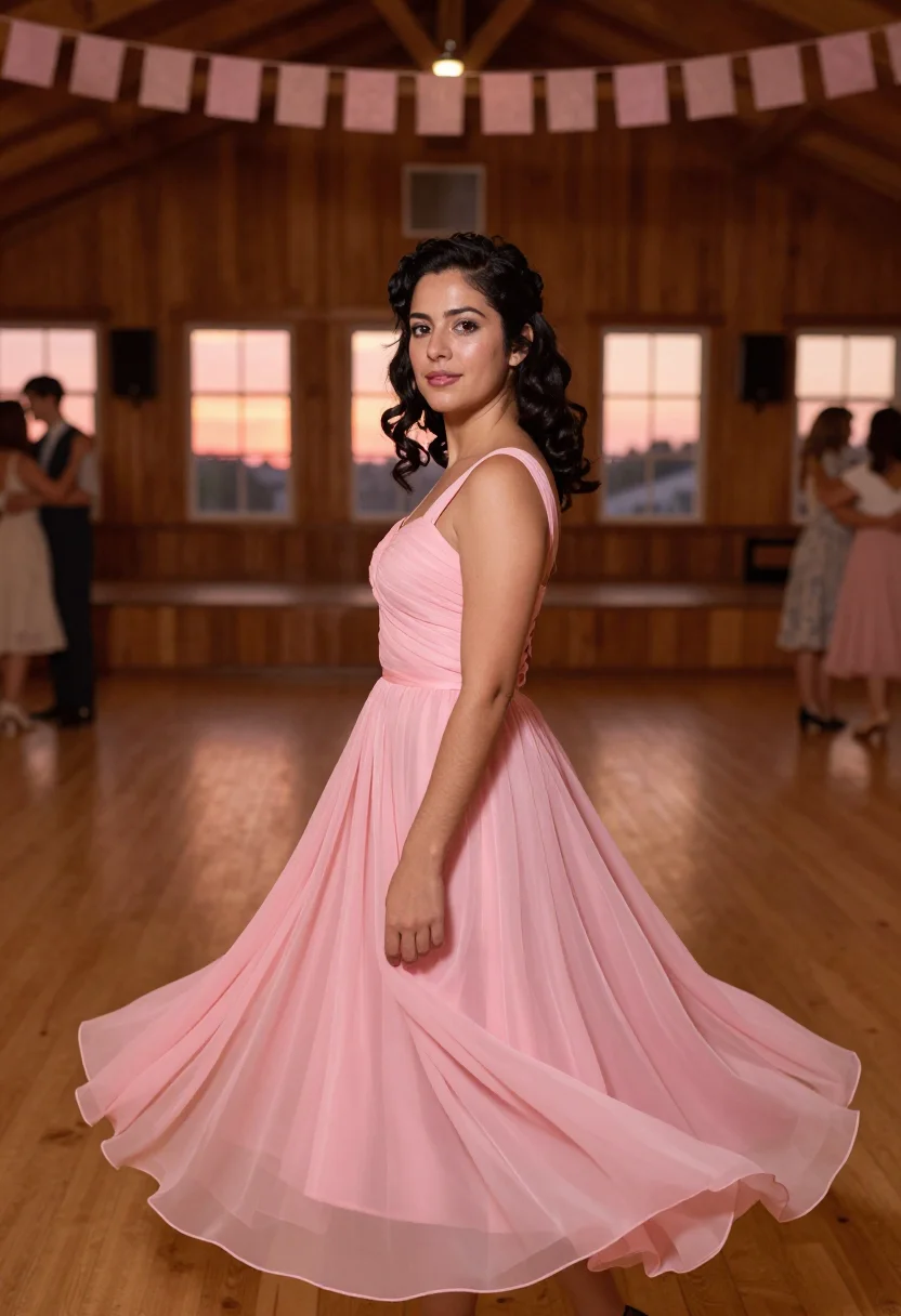 AI dirty dancing kellermans catskills pink dress sample — portrait of a woman, a woman in her mid-twenties of Spanish
