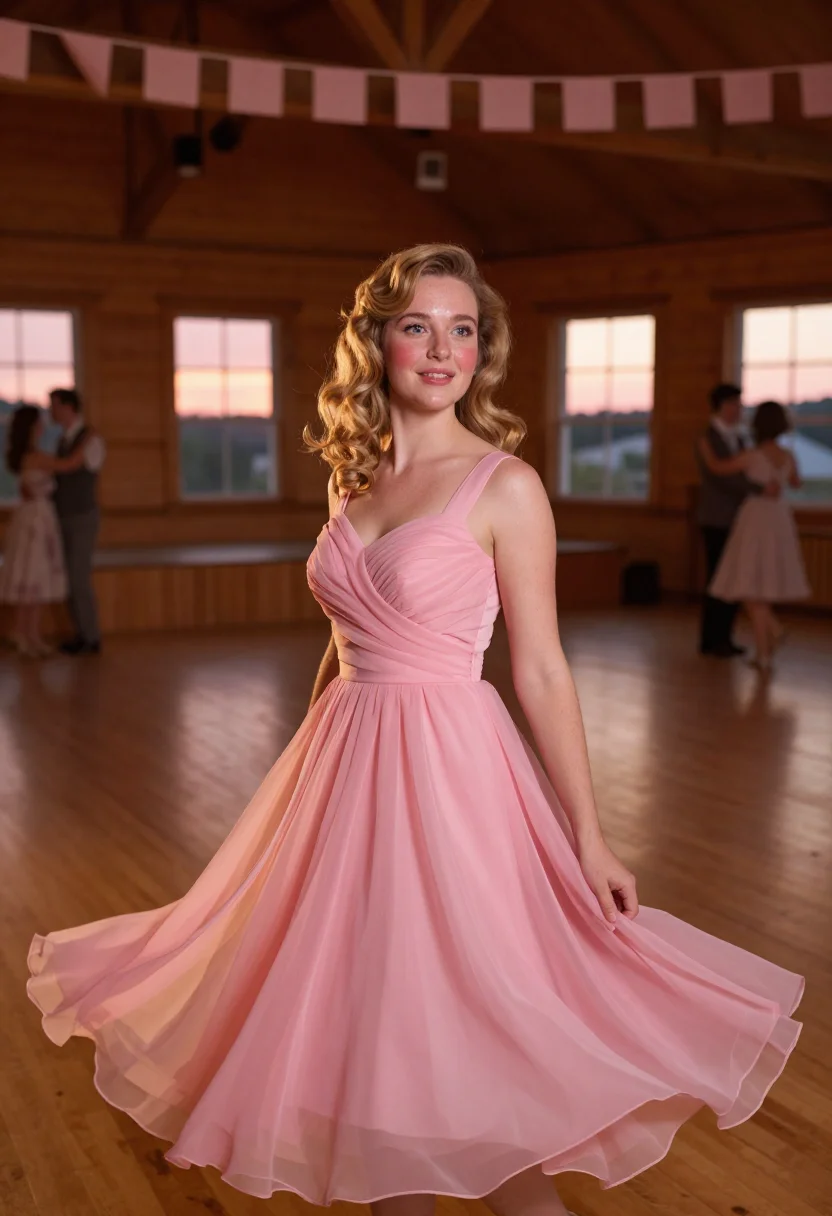 AI dirty dancing kellermans catskills pink dress sample — portrait of a woman, a woman in her early twenties of Englis