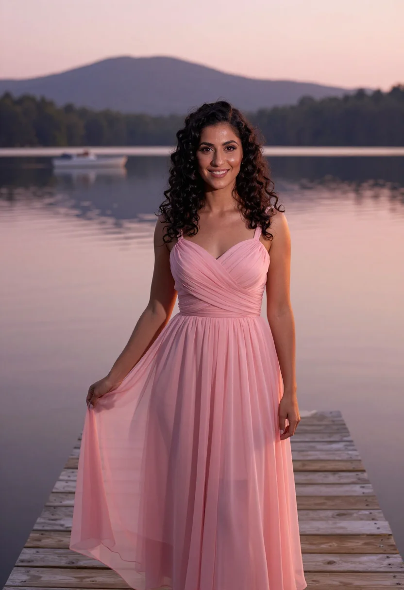 AI dirty dancing kellermans catskills pink dress sample — portrait of a woman, a woman in her mid-twenties of Lebanese