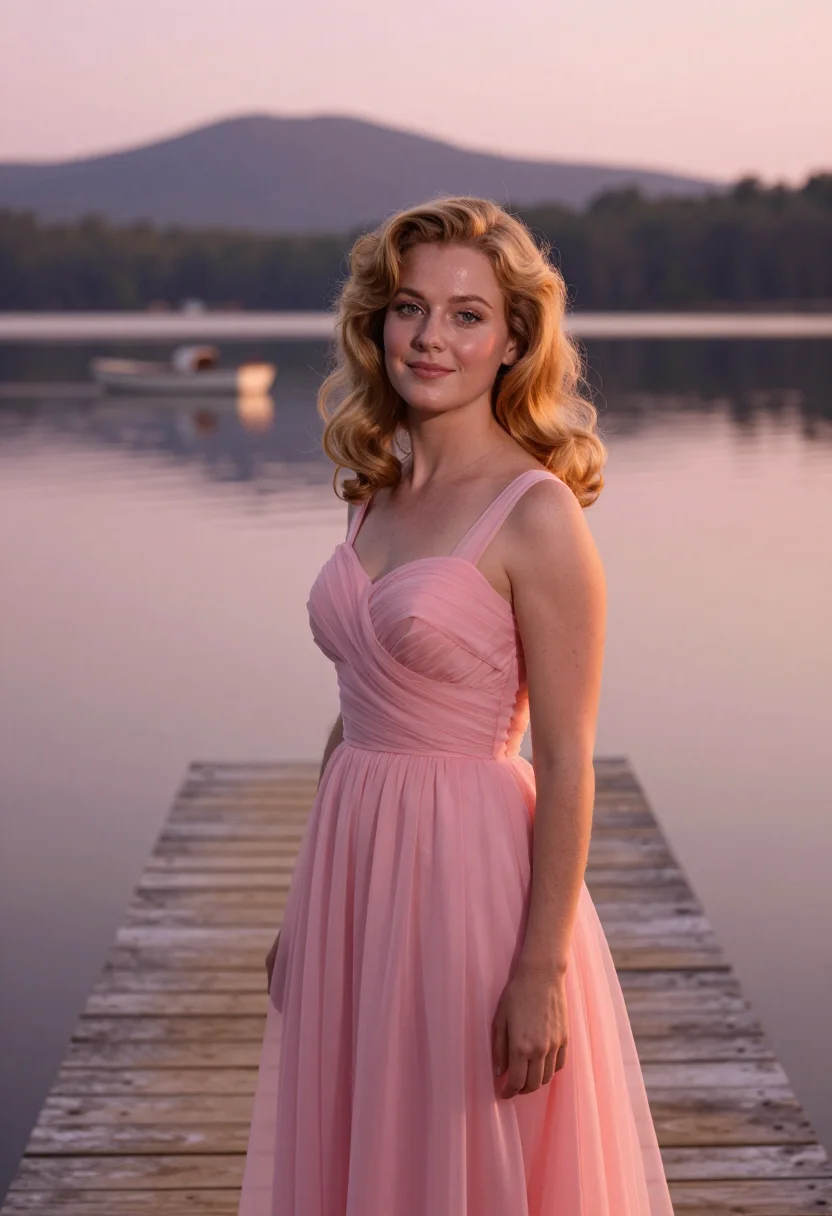 AI dirty dancing kellermans catskills pink dress sample — portrait of a woman, a woman in her late twenties of French