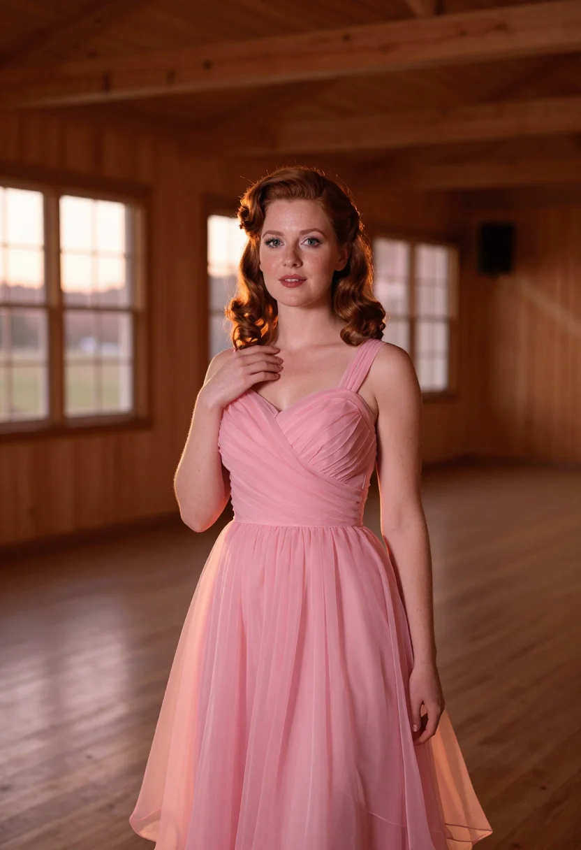 AI dirty dancing kellermans catskills pink dress sample — portrait of a woman, a woman in her mid-twenties of Irish de