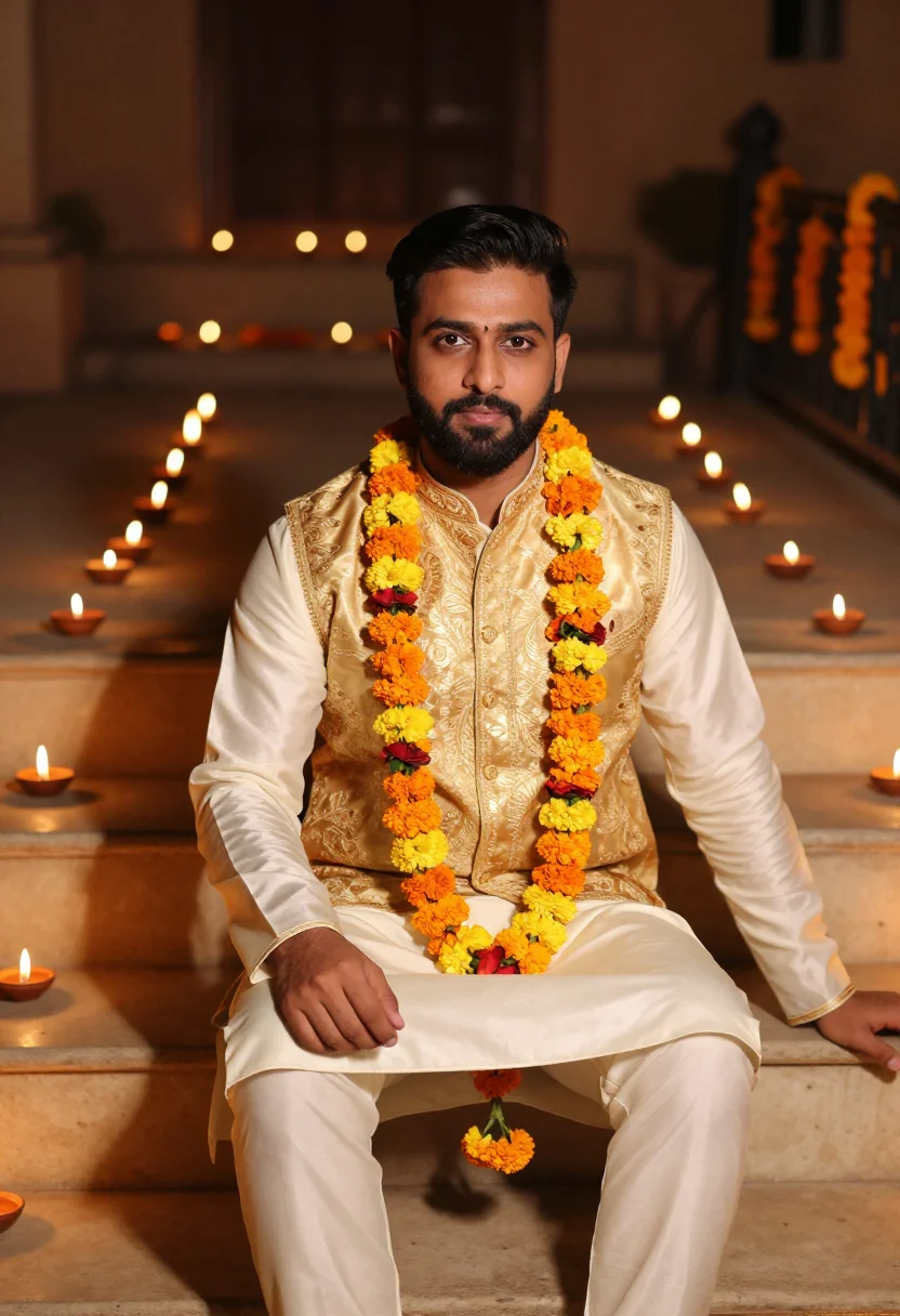 AI diwali kurta ivory gold sample — portrait of a man, three-quarter-length portrait of a Punjab