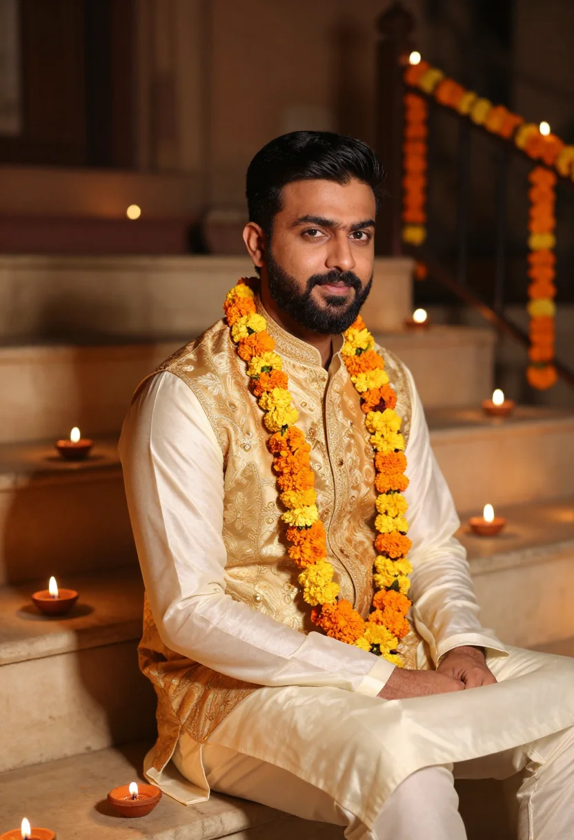 AI diwali kurta ivory gold sample — portrait of a man, chest-up portrait of a Punjabi man in his