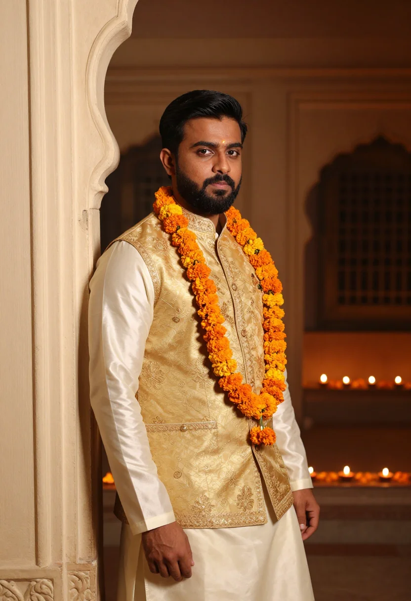 AI diwali kurta ivory gold sample — portrait of a man, half-length portrait of a Punjabi man in