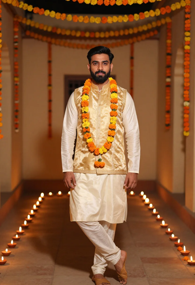AI diwali kurta ivory gold sample — portrait of a man, full-length portrait of a Punjabi man in