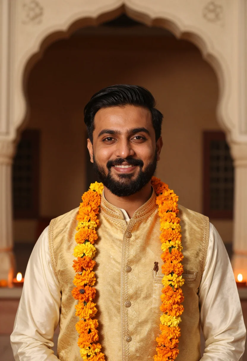AI diwali kurta ivory gold sample — portrait of a man, head-and-shoulders portrait of a Punjabi