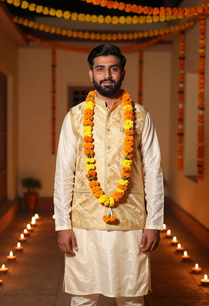 AI diwali kurta ivory gold sample — portrait of a man, three-quarter-length portrait of a Punjab
