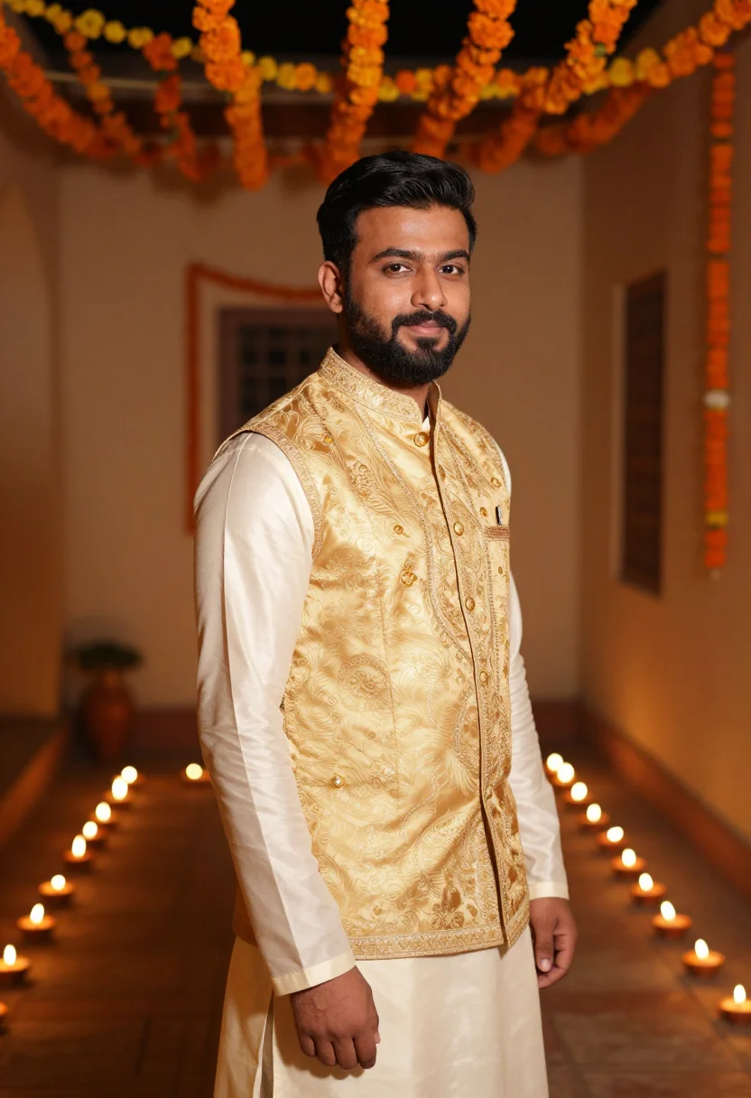 AI diwali kurta ivory gold sample — portrait of a man, chest-up portrait of a Punjabi man in his