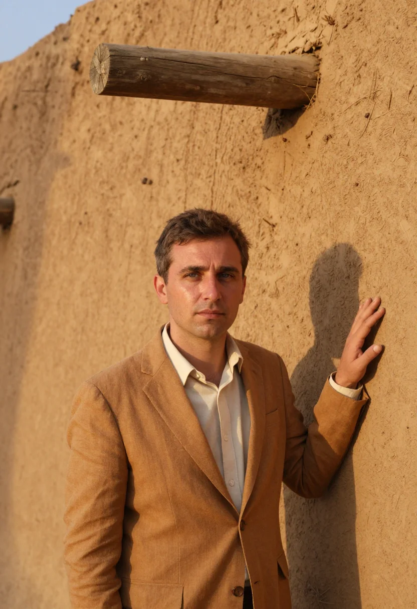 AI djenne architect great mud mosque ochre sample — portrait of a man, a French architect in his mid-forties wit